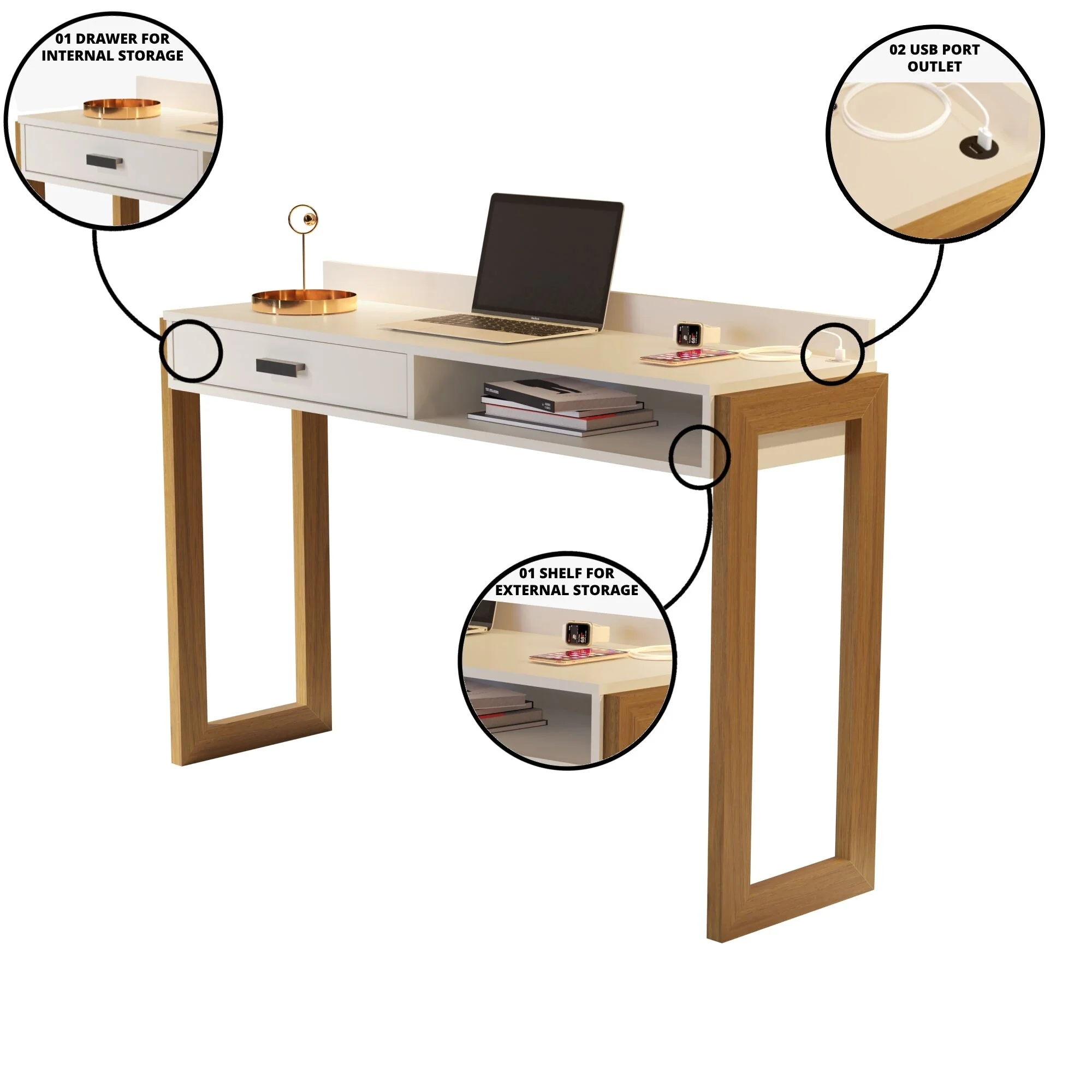 Modern Computer Desk with Drawer, Space-Saving, Shelf and Dual USB Charging Ports