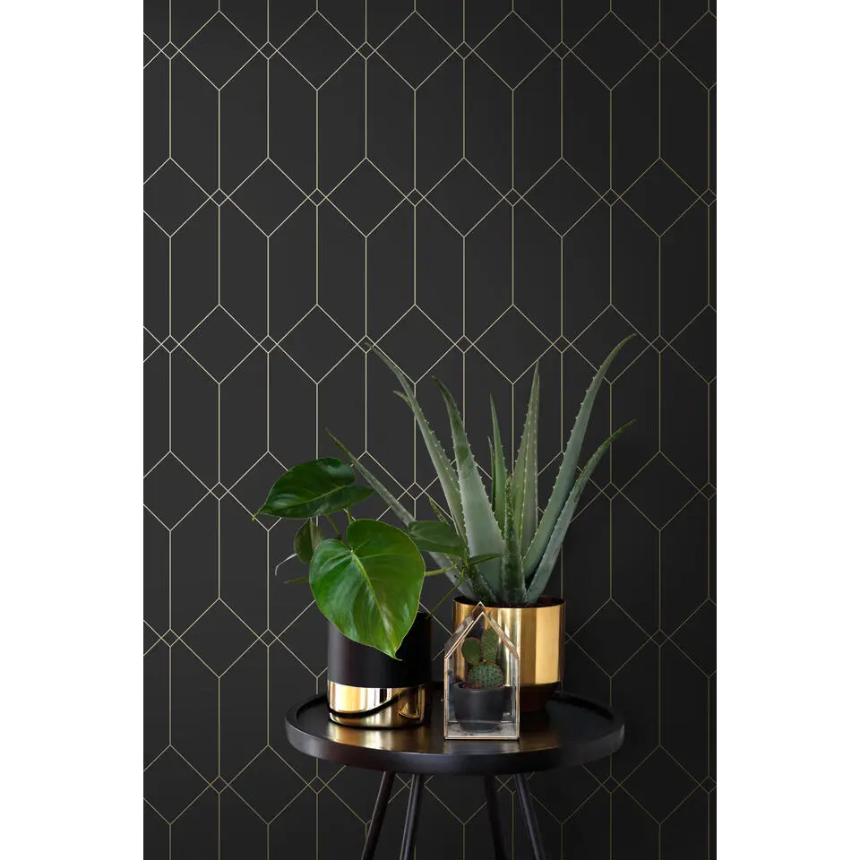 ESTAhome behang art deco motief zwart en goud - 53 cm x 10.05 m