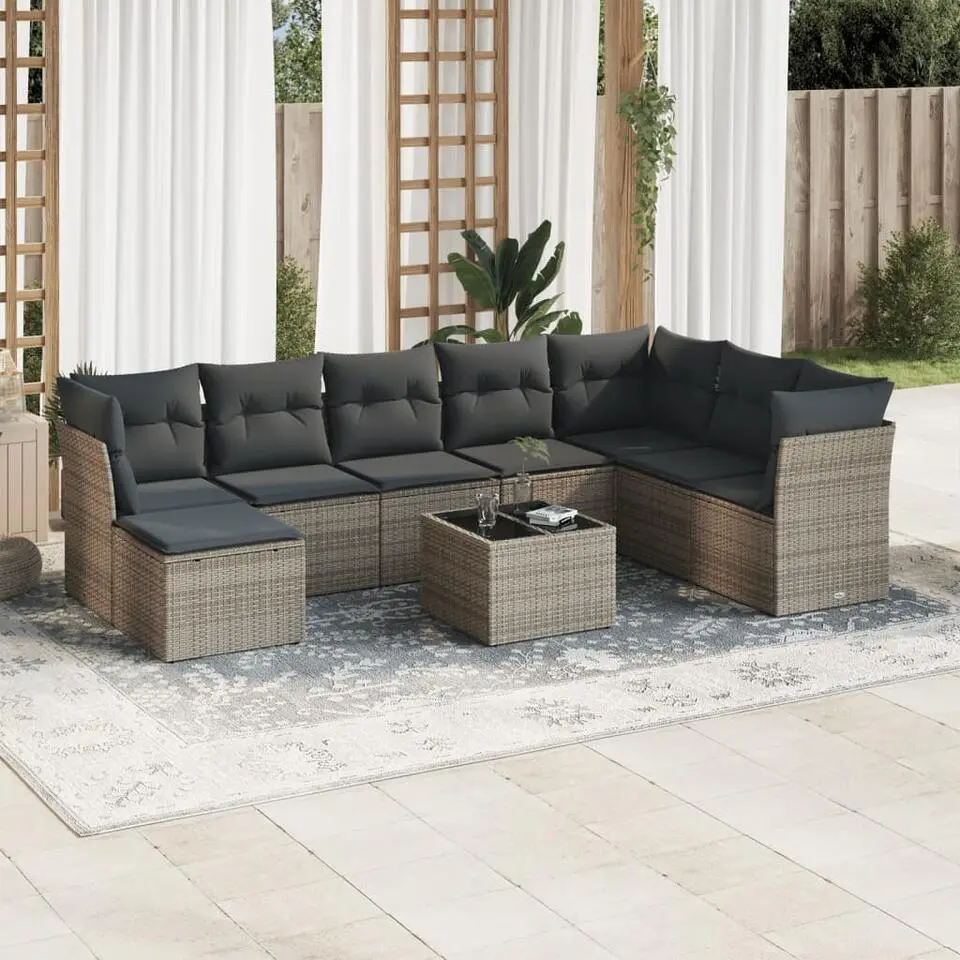 vidaXL 9-delige Loungeset met kussens & tuintafel - Grijs - Poly Rattan