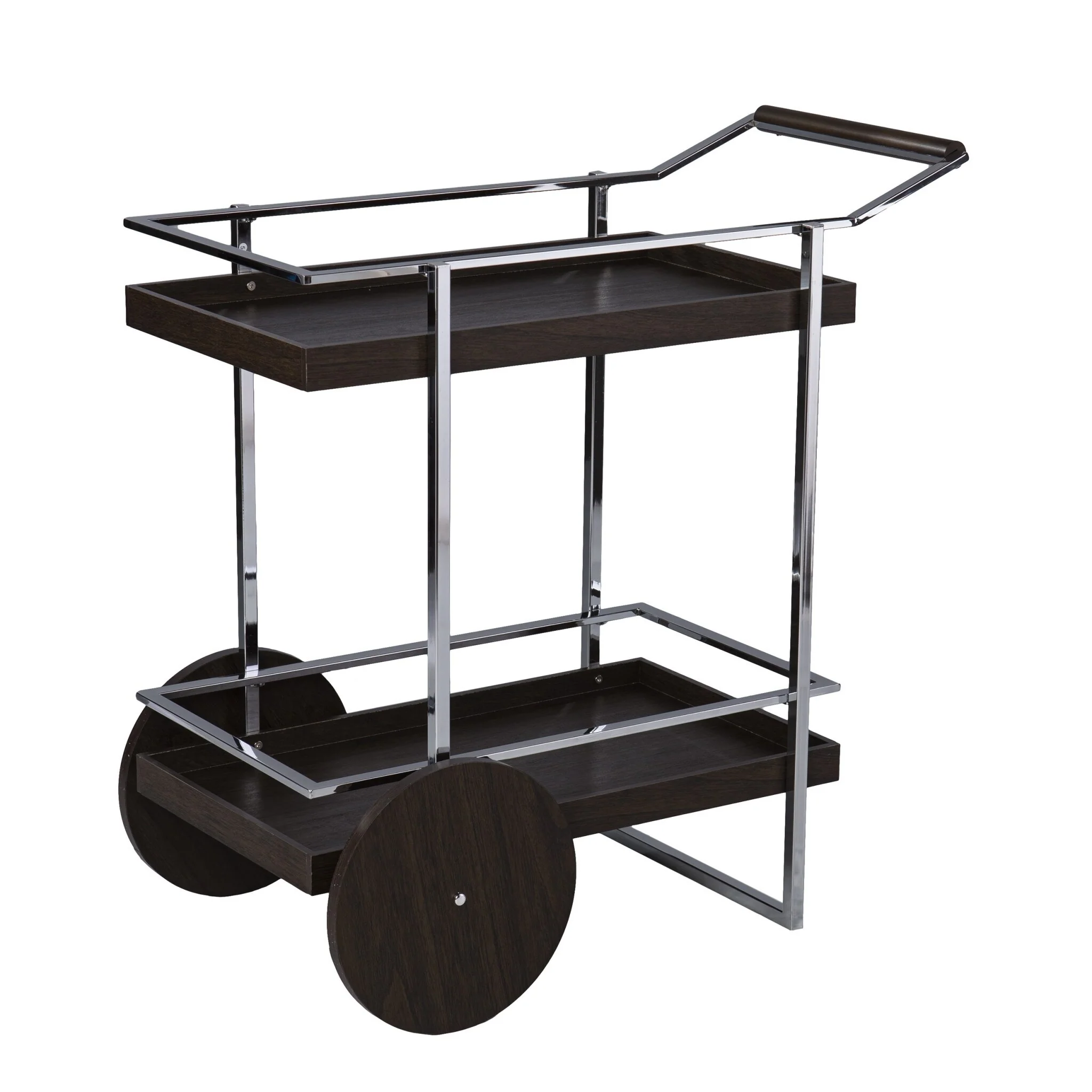 Mobile Rectangular Bar Cart with Brown Wood Surface and Sturdy Silver Iron Frame for Home Use - 35H x 34.25W x 19.5D