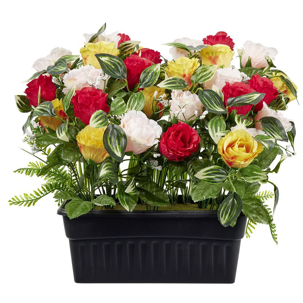 Pot de rose blanche rouge jaune et gypsophile artificiel L43x28xH38cm