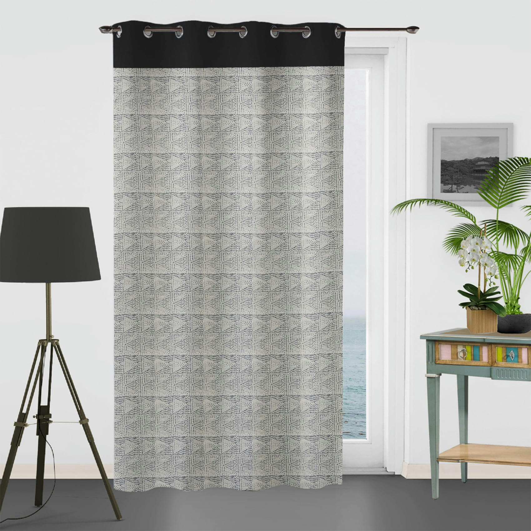- Rideau à motifs graphiques en 100% coton noir 135x250 cm