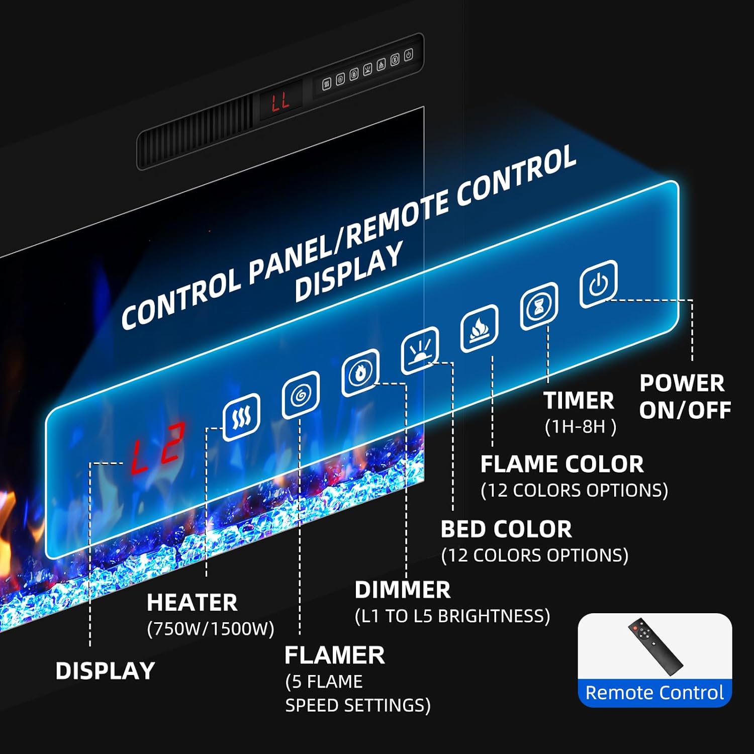 68 inch Electric Fireplace Inserts and Wall Mounted with Remote Control & Touch Screen 1500W Fireplace Heater Ultra Narrow Frame