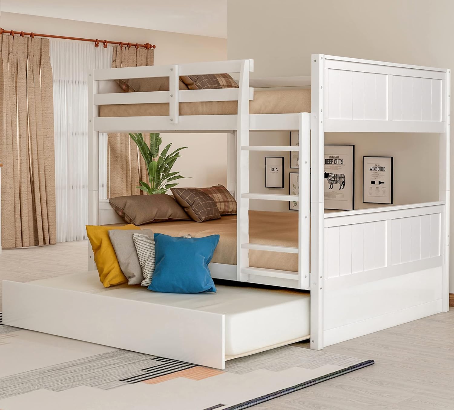 Full Over Full Bunk Bed with Trundle, Wooden Trundle Bed Frame with Ladder Safety Guardrail, Convertible to 2 Platform Beds for Kids Teens, White