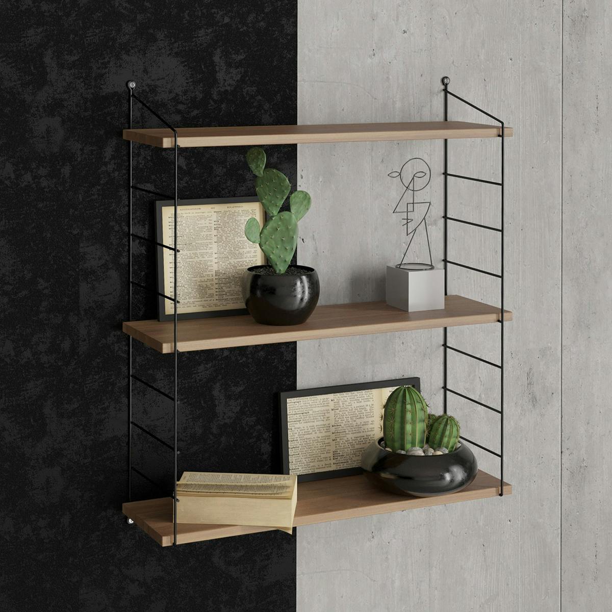 Étagère murale décor bois noyer et métal noir 3 plateaux JENA