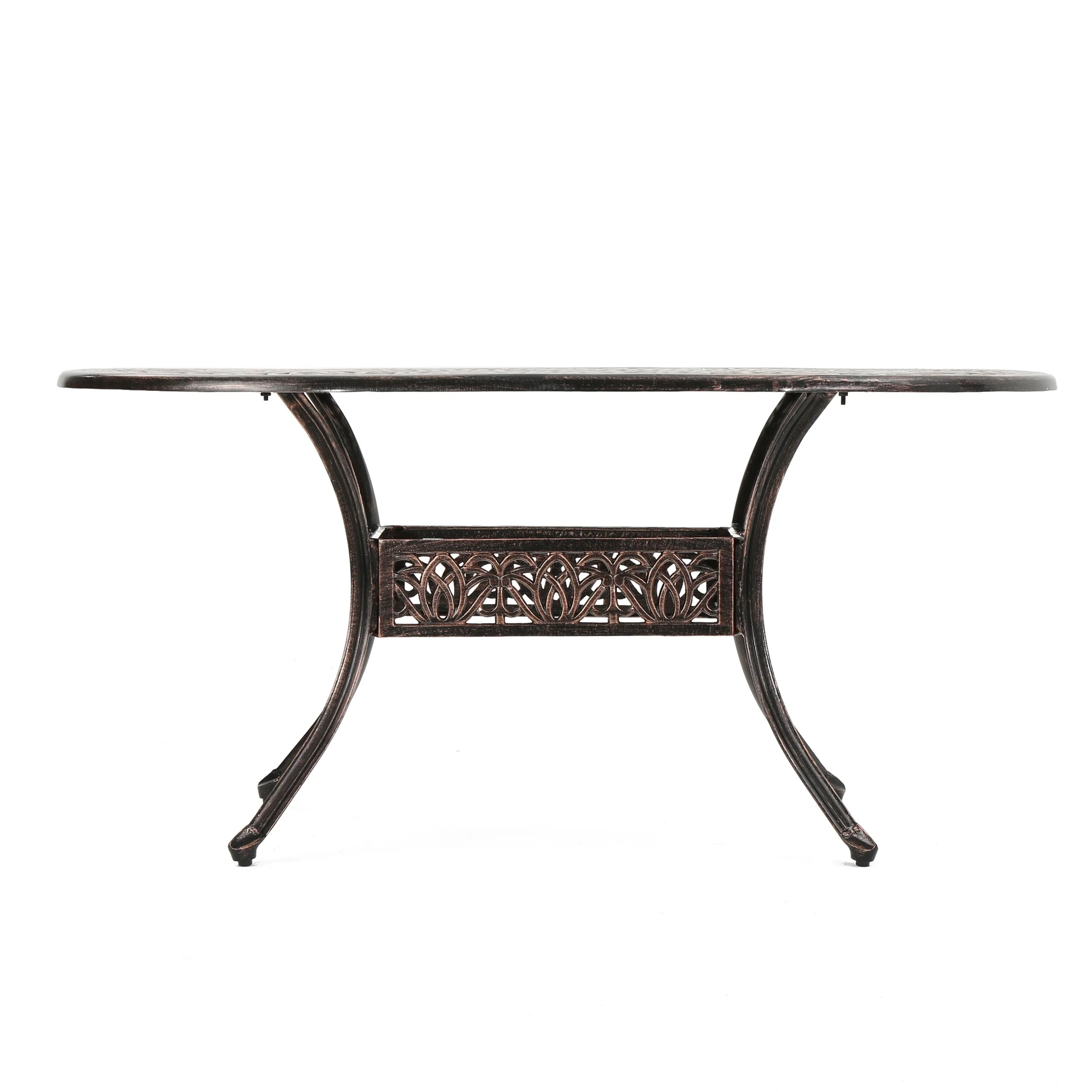 Roomfitters Cast Aluminum Outdoor Dining Table in Shiny Copper, Elegant Design with Intricate Patterns, Perfect for Patio=