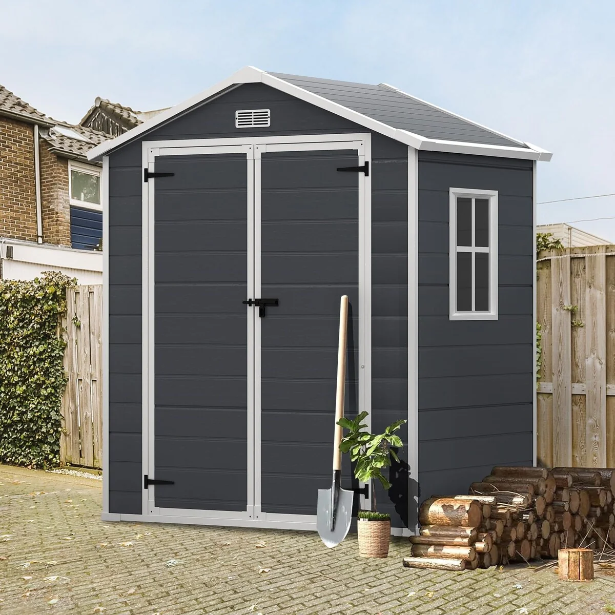 6x4.4FT Outdoor Resin Plastic Storage Shed with Floor, Lockable Doors