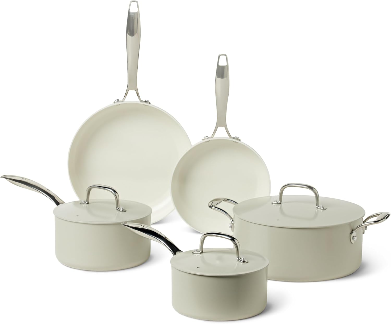 Amazon Basics Ceramic Nonstick Cookware, 8-Piece Set of Pots and Pans, Dishwasher and Oven-Safe, All Cooktop Induction Friendly, Linen Gray