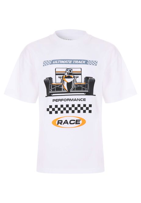 Older Boys White Cotton Racing Car T-Shirt