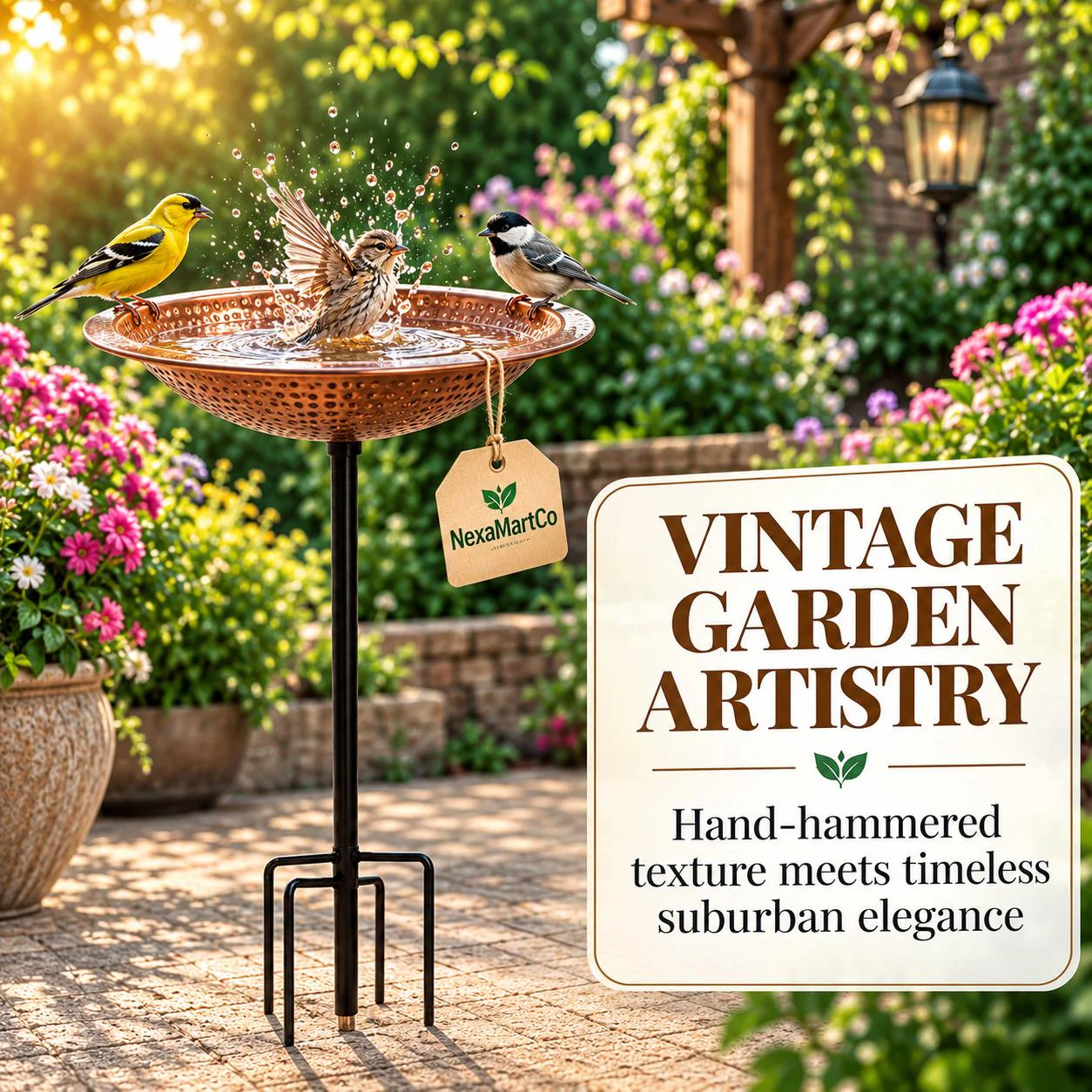 Hammered Copper Bird Bath with Stake, Rustic Outdoor Garden Decor, Freestanding Bird Feeder Bowl