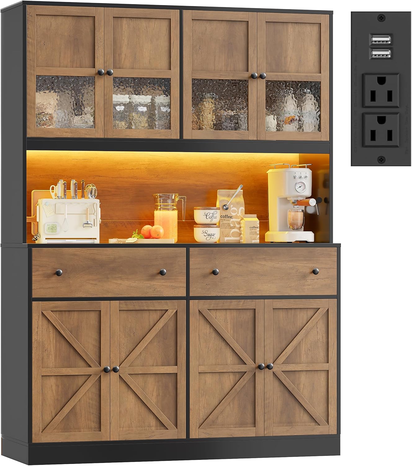 FINETONES 71 Pantry Cabinet with LED Light and Charging Station, Farmhouse Kitchen Pantry Cabinet with Microwave Stand, 47.2 Wide Kitchen Hutch Food Pantry with Open Countertop, Black/Brown