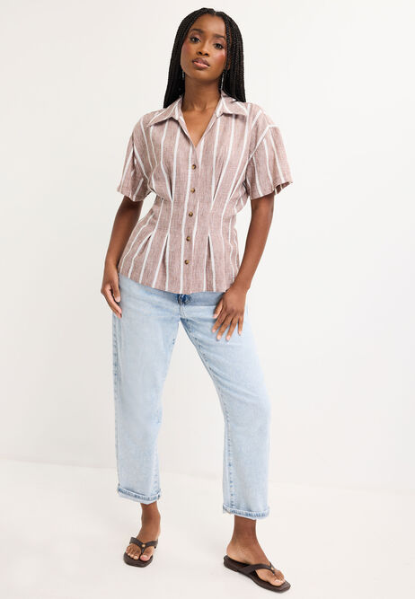 Womens Brown Stripe Waisted Shirt