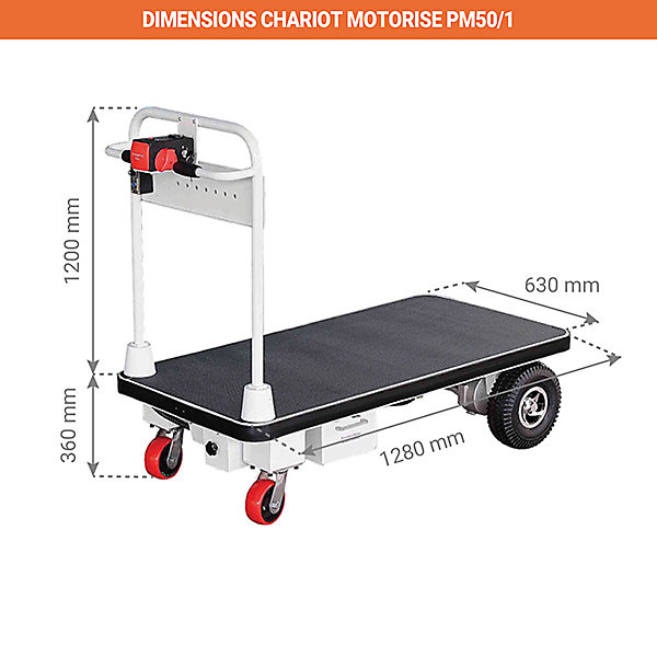 Chariot manutention motorisé - Plateau 1280x630mm - Charge max 400kg - Industrie et logistique - PM50/1
