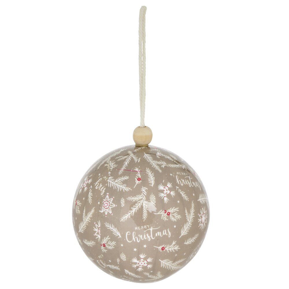 Boule de No&euml;l motif branche sapin et flocon beige Ø12cm