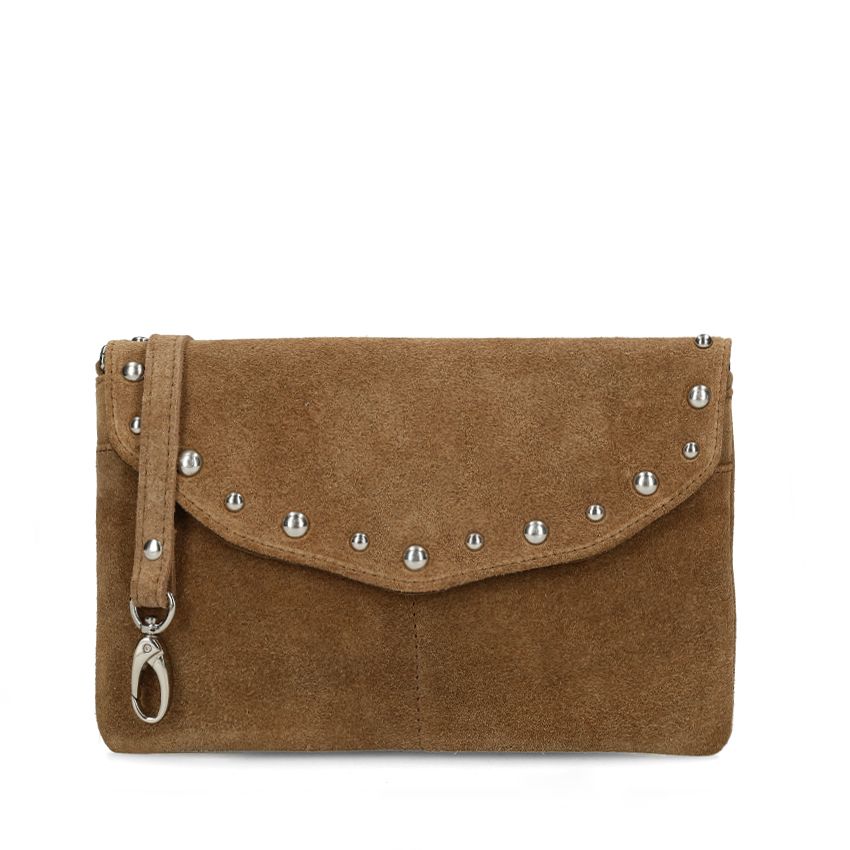 Manfield Bruine suède clutch met zilveren studs