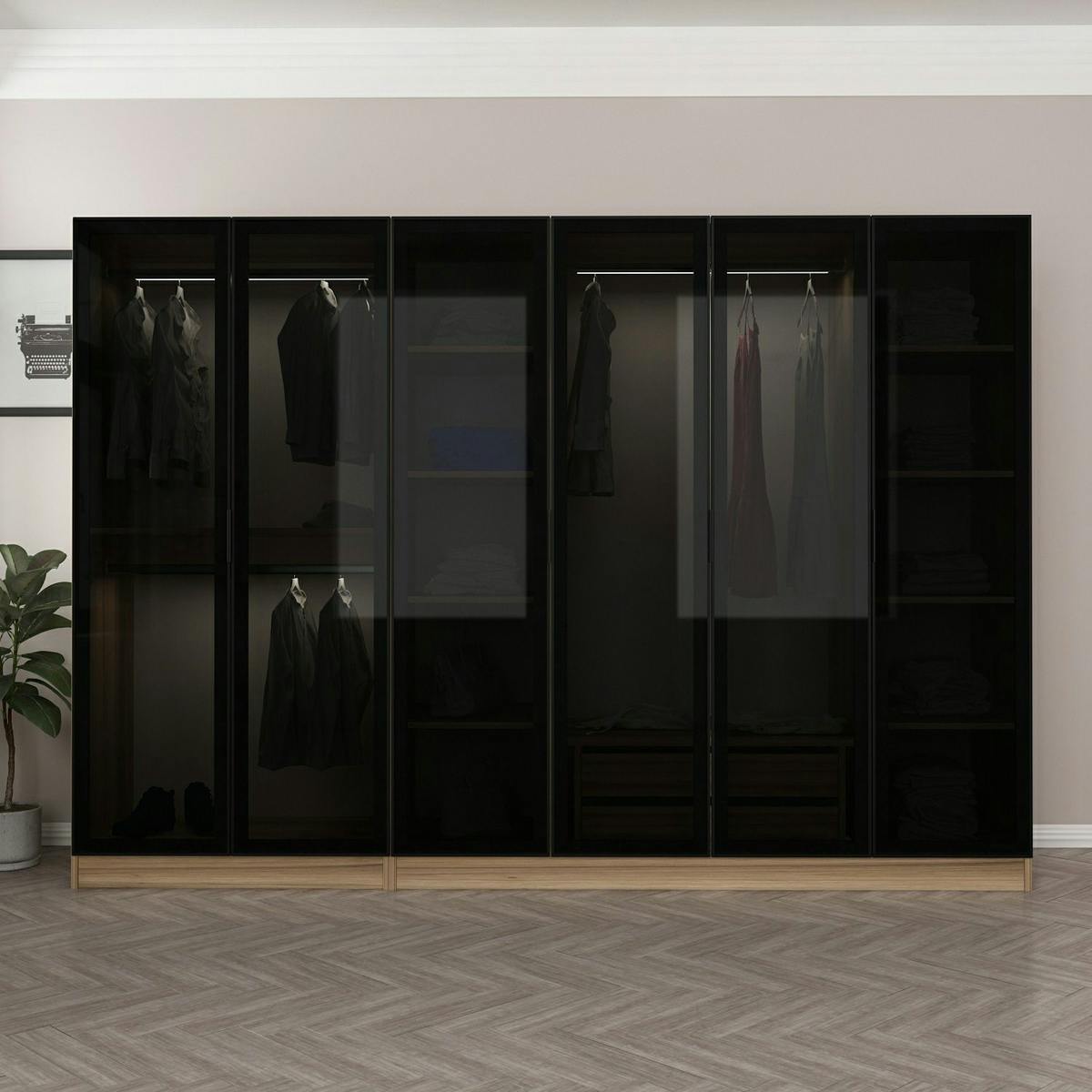 Dressing design 6 portes verre noir & cadre effet noyer BYRON