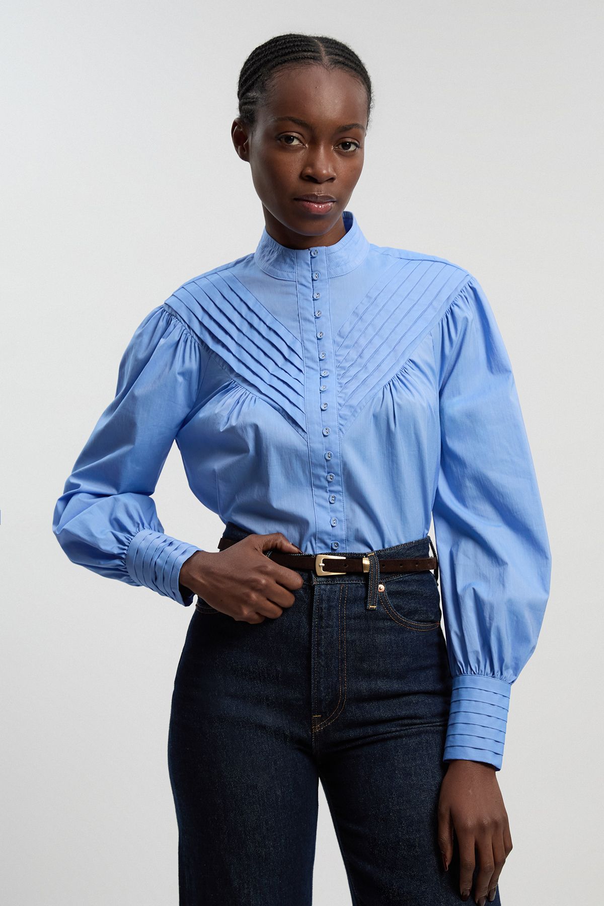KarenMillen Cotton Pleated High Neck Balloon Sleeve Woven Blouse