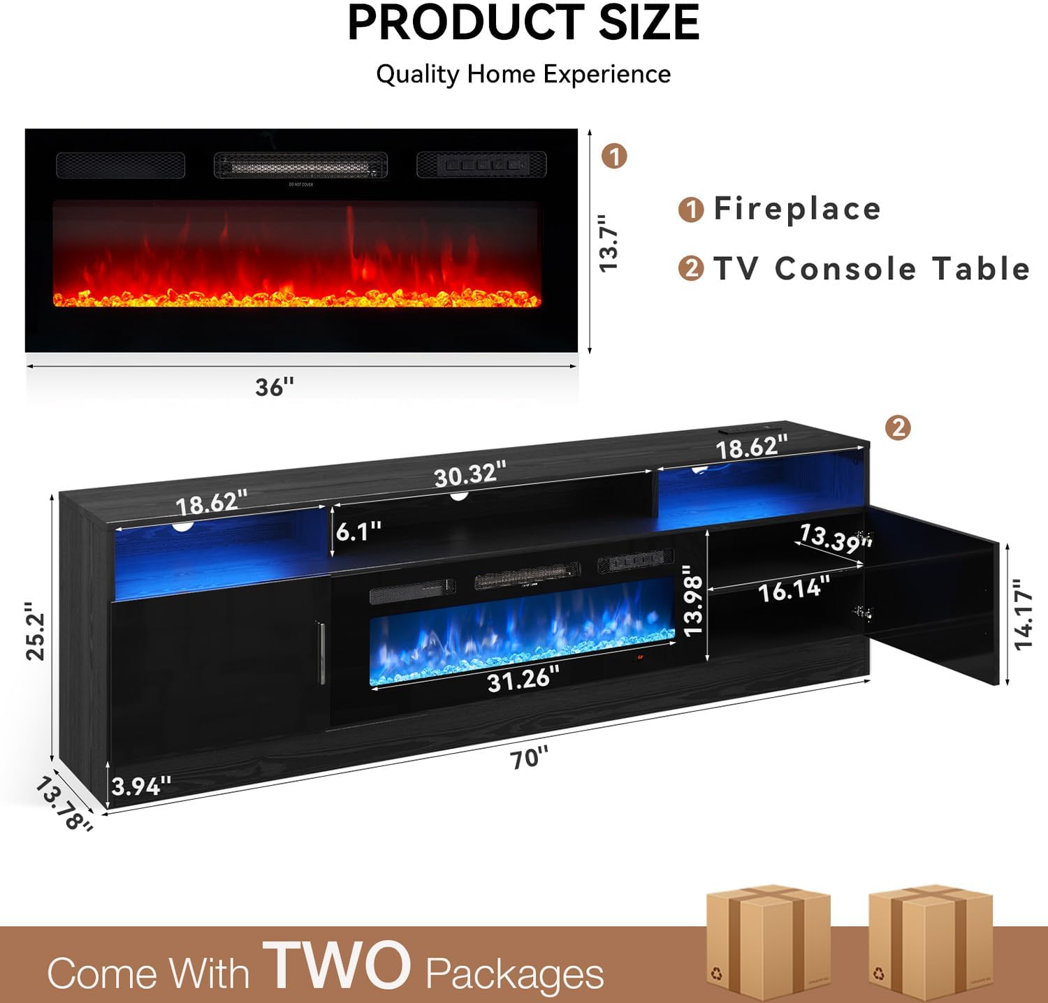 MXV 70 Fireplace TV Stand with Power Outlet for TVs UP to 80, Electric Fireplace Entertainment Center with LED Lights & Storage Cabinets, TV Console for Living Room, Office, Black-Black