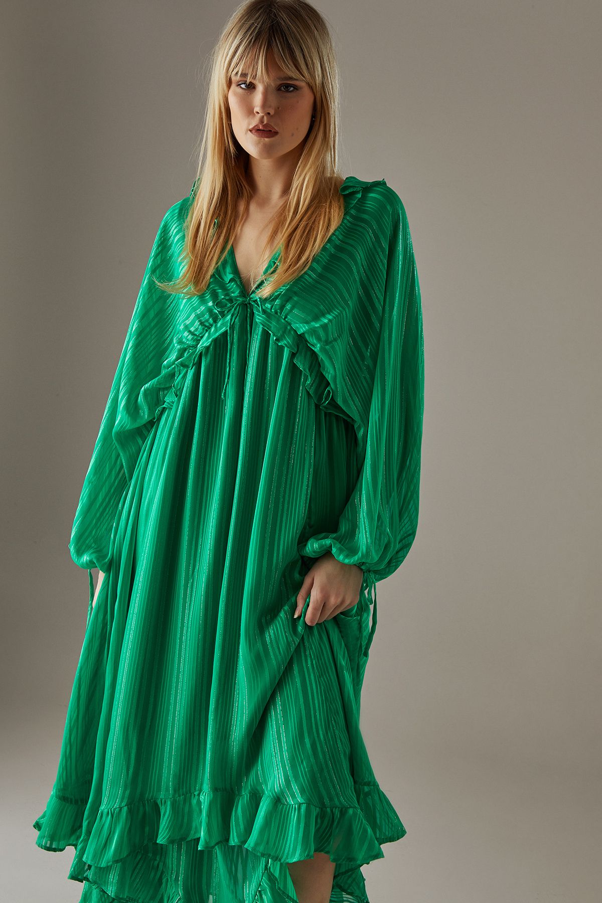 Warehouse Shadow Stripe Volume Sleeve Hanky Hem Midaxi Dress