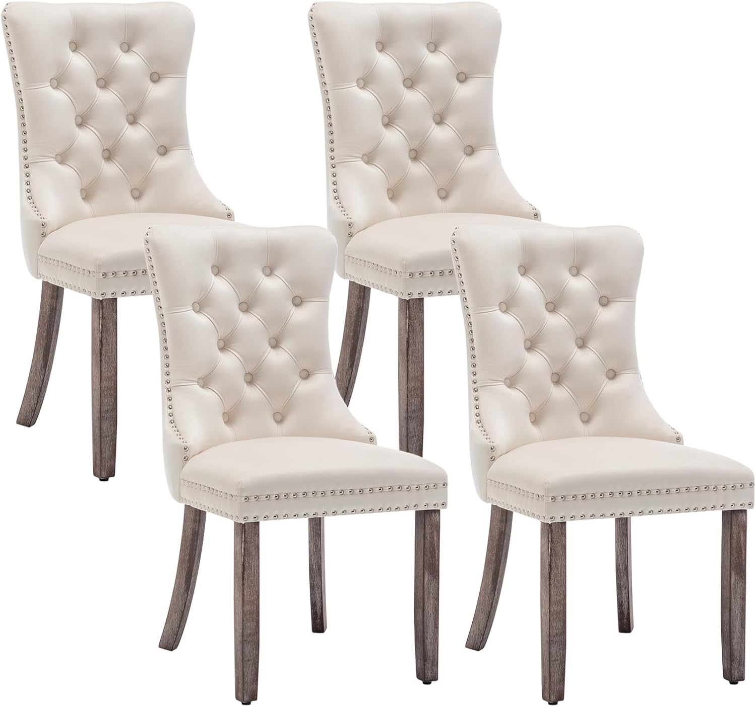 Velvet Dining Chairs Set of 4, Upholstered Dining Room Chairs with Nailhead Ring Pull Trim, Button Tufted Wing Back Chairs for Dining with Solid Wood Legs for Kitchen Dining Room(Beige)