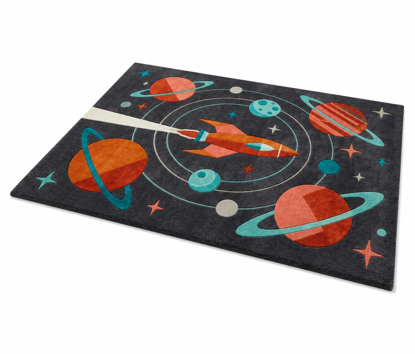 Space Rocket Area Rug, Solar System Kids Rug, Outer Space Bedroom Decor, Planet Nursery Rug, Galaxy Playroom Carpet, Modern Astronaut Gift
