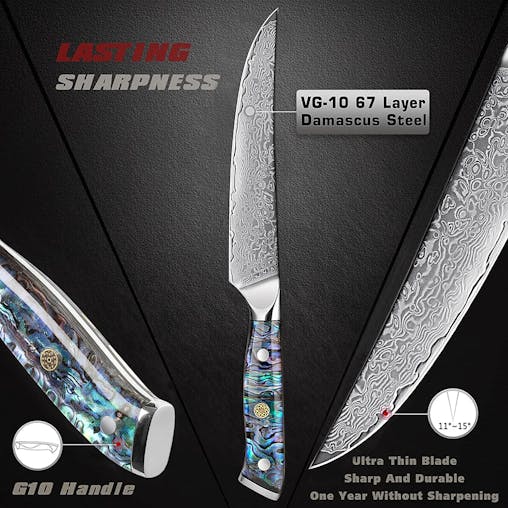 NNEOBA 6-Inch Damascus Utility Knife Abalone Shell Handle Blue