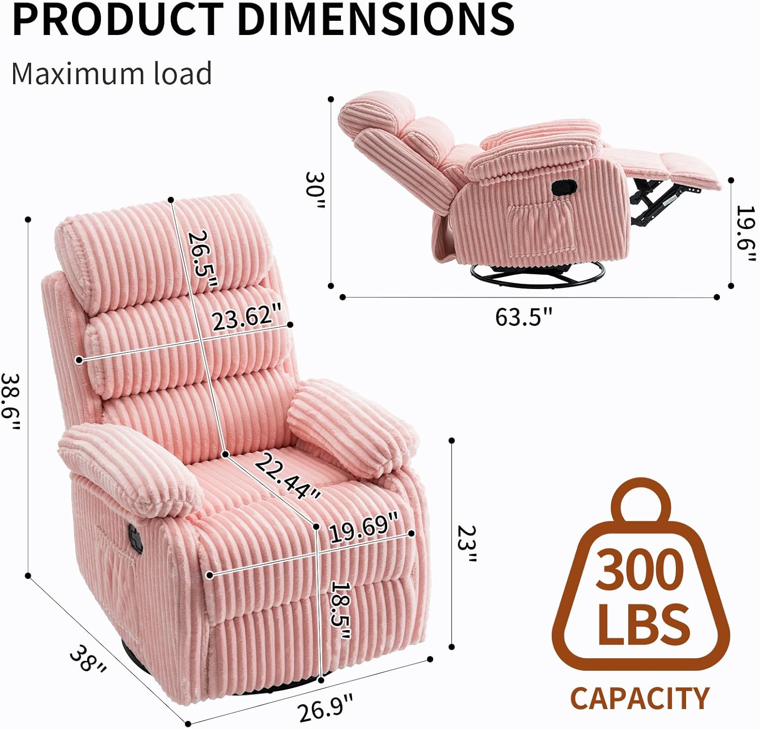 Snug-Cushioned Velvet 360° Swivel Recliner Chair - Gliding Rocking Chair Nursery Recliner, Generous Footrest, Padded Armrests & Side Pocket, Perfect for Nursery & Compact Spaces, Pink