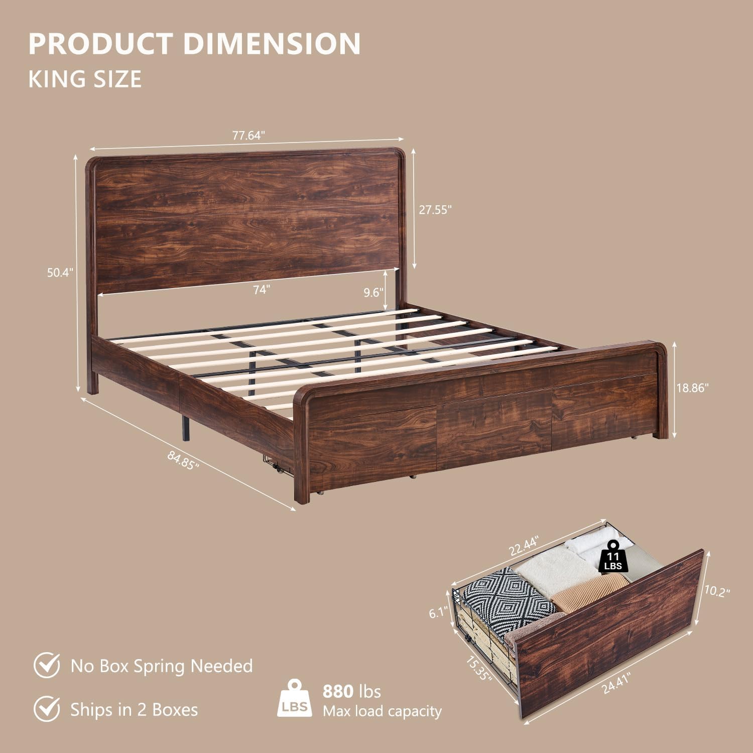Modern King Size Bed Frame with 50 Tall Headboard, Wood King Size Platform Bed Frame w/3 Storage Drawers, Curved Profile Design, No Box Spring Needed, Easy Assembly, Noise Free, Dark Walnut