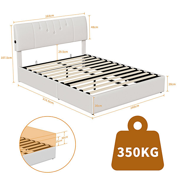 Lit double 160x200 cm, rangement à vérin hydraulique, tête de lit USB, cadre robuste, bouclette, Crème