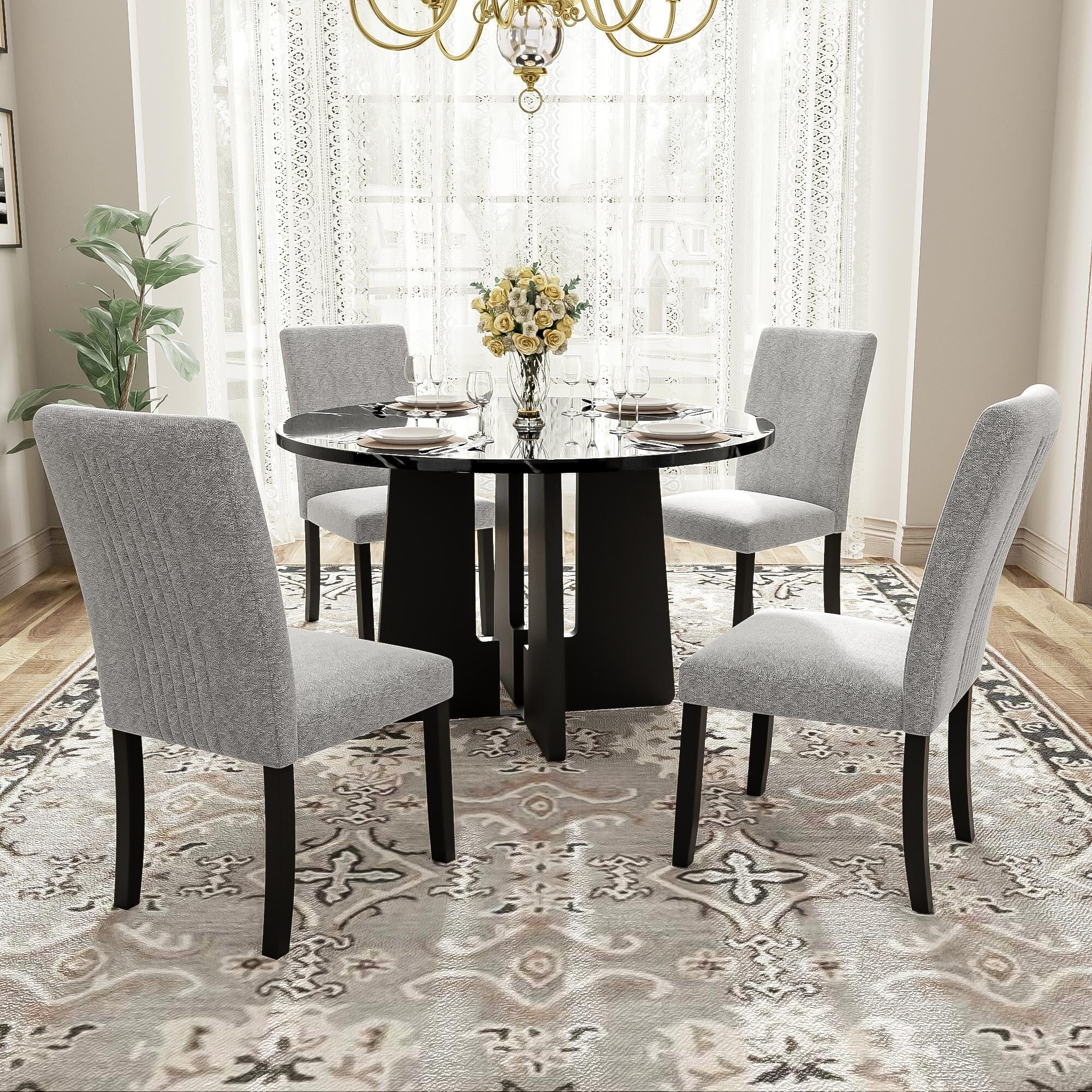 5-Piece Round Dining Table Set with Marble Veneer Table & Upholstered Chairs, Kitchen Set H-shape Legs, Adjustable Feet