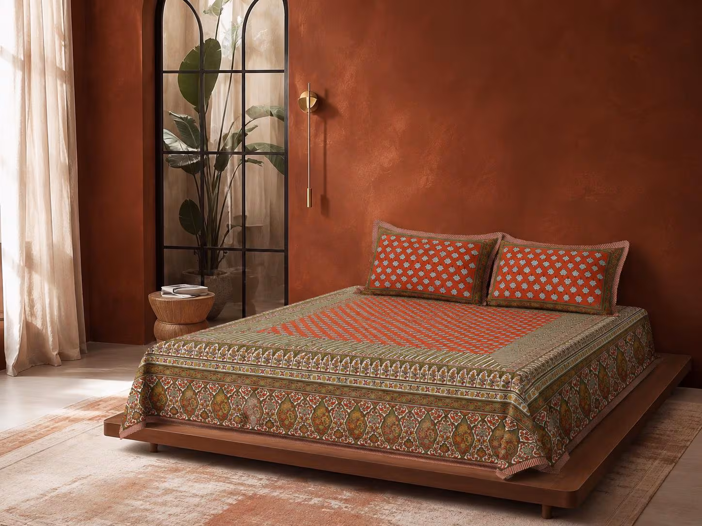 Ethnic Maximalist Block Print Bedsheet | Rust Red Olive Floral Cotton Bedding
