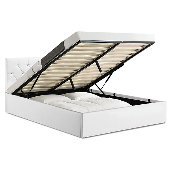 Lit coffre double AUSTIN avec tête de lit et sommier 160 x 200 cm PVC blanc