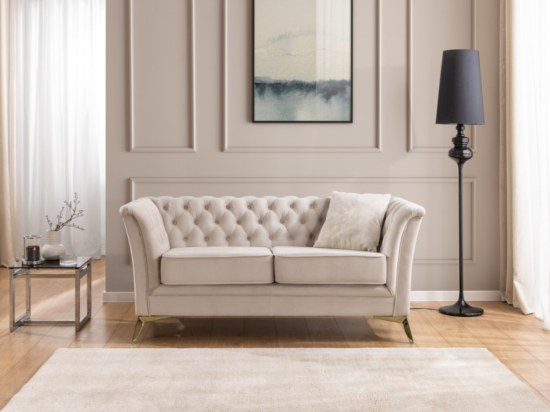 Ropez Chesterfield Derby Bis sofa 2 pikowana wysokie nóżki welur kremowy