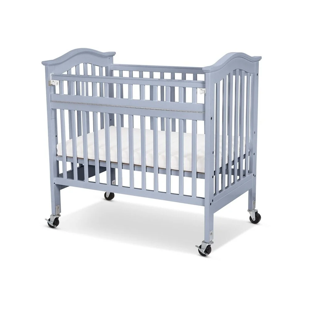Slatted Wood and Metal Crib with Casters and Safety Gate, Gray