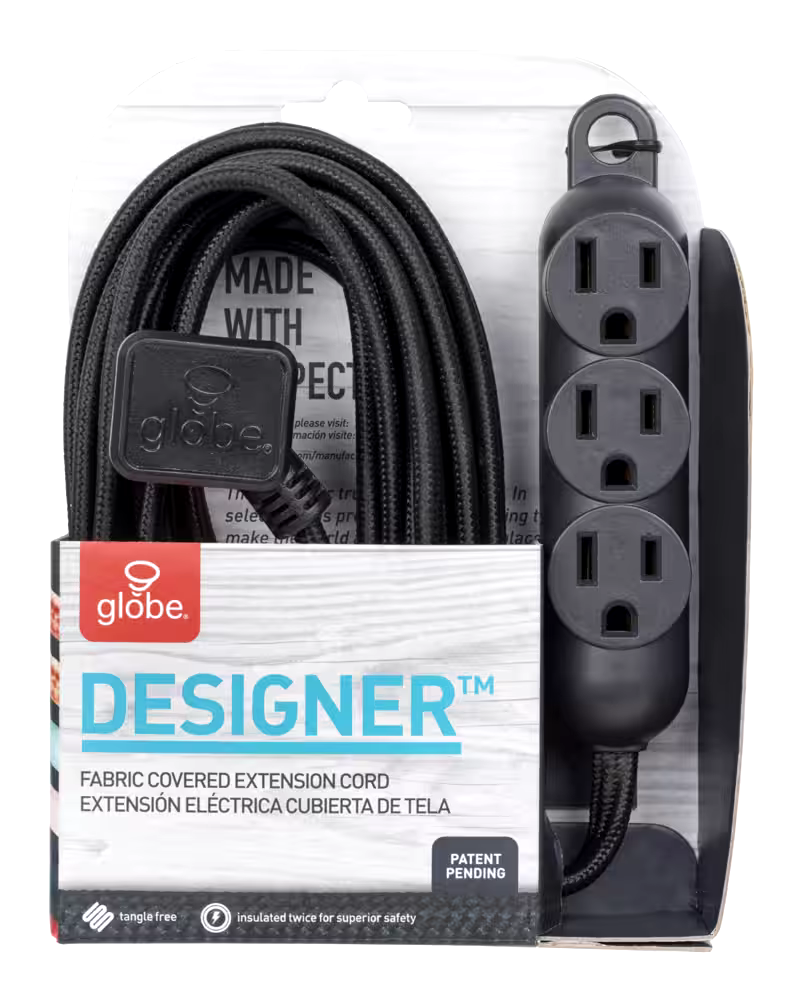 Globe 12-ft 16/3 Fabric Extension Cord, Right Angle Plug, 3 Outlets, Black