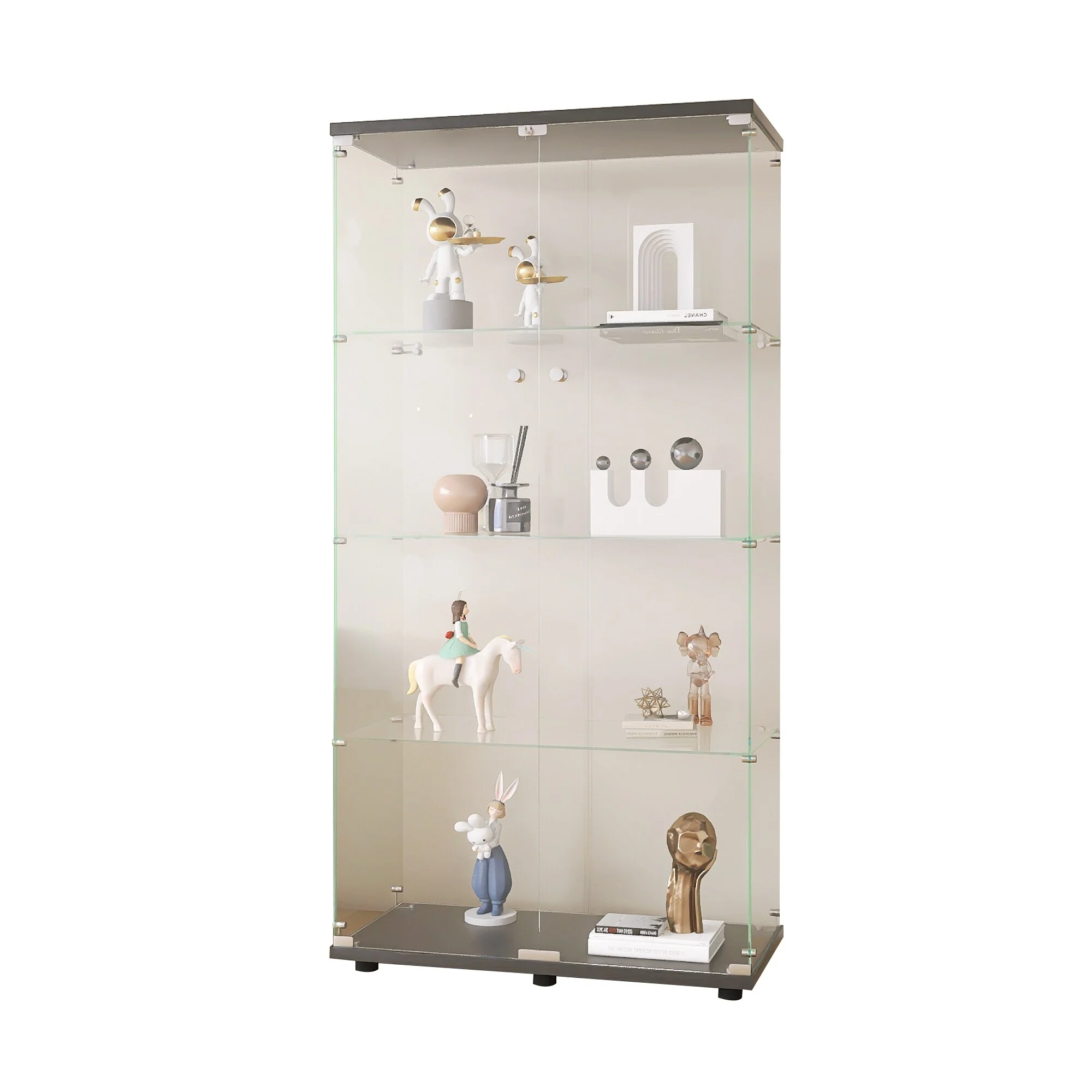 Two-door Glass Display Cabinet 4 Shelves with Door, Floor Standing Curio Bookshelf