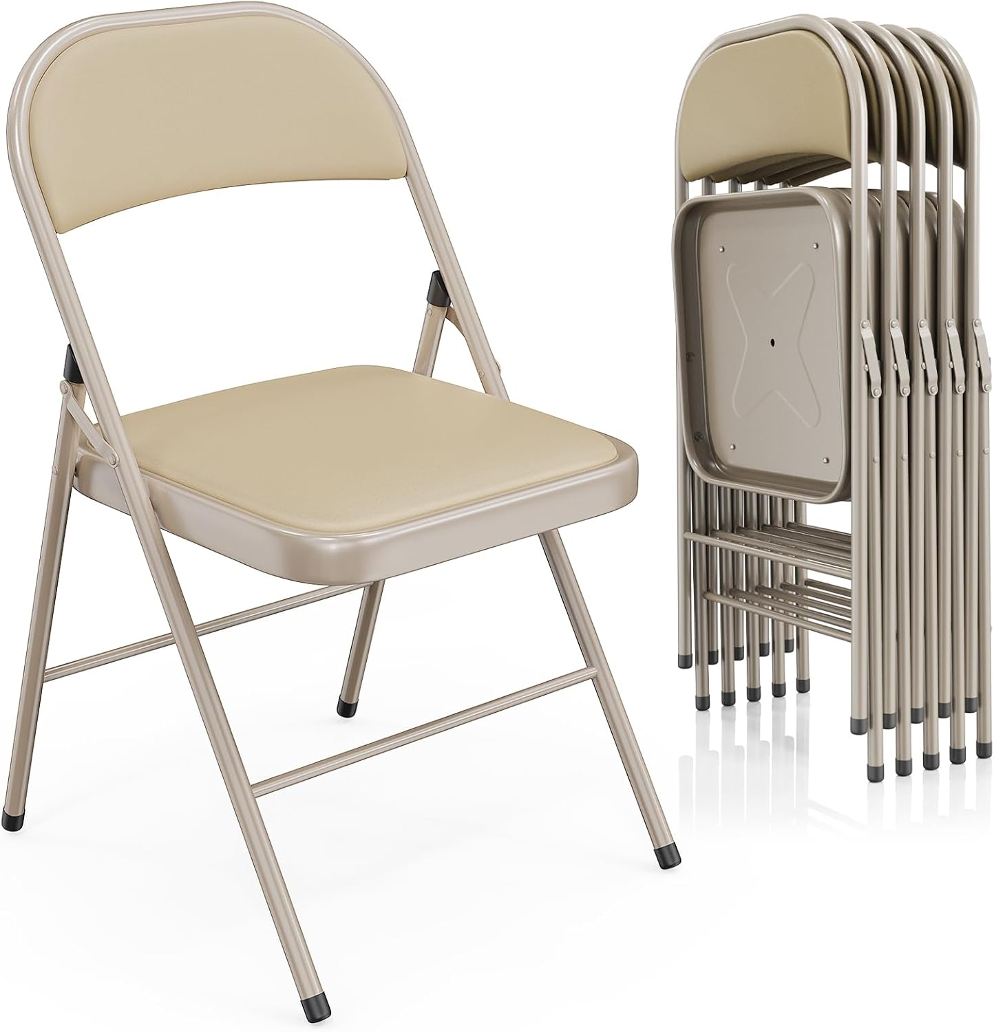 VINGLI 6 Pack Folding Chairs with Padded Seats, Metal Frame with Pu Leather Seat & Back, Capacity 350 lbs, Set of 6, Khaki