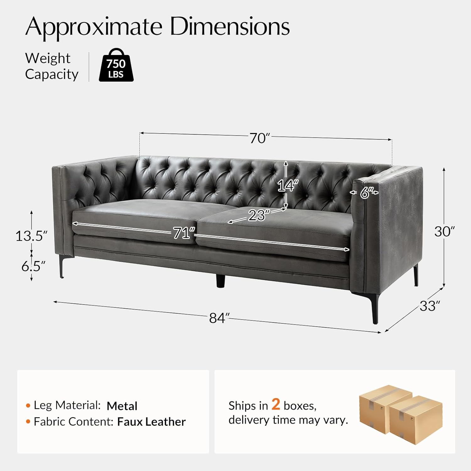 HULALA HOME 84 W Faux Leather Sofa Couch with Metal Legs, Button-Tufted 3-Seater Sofa, Mid Century Modern Contemporary Upholstered Couch for Living Room, Entertainment Area, Apartment,Grey