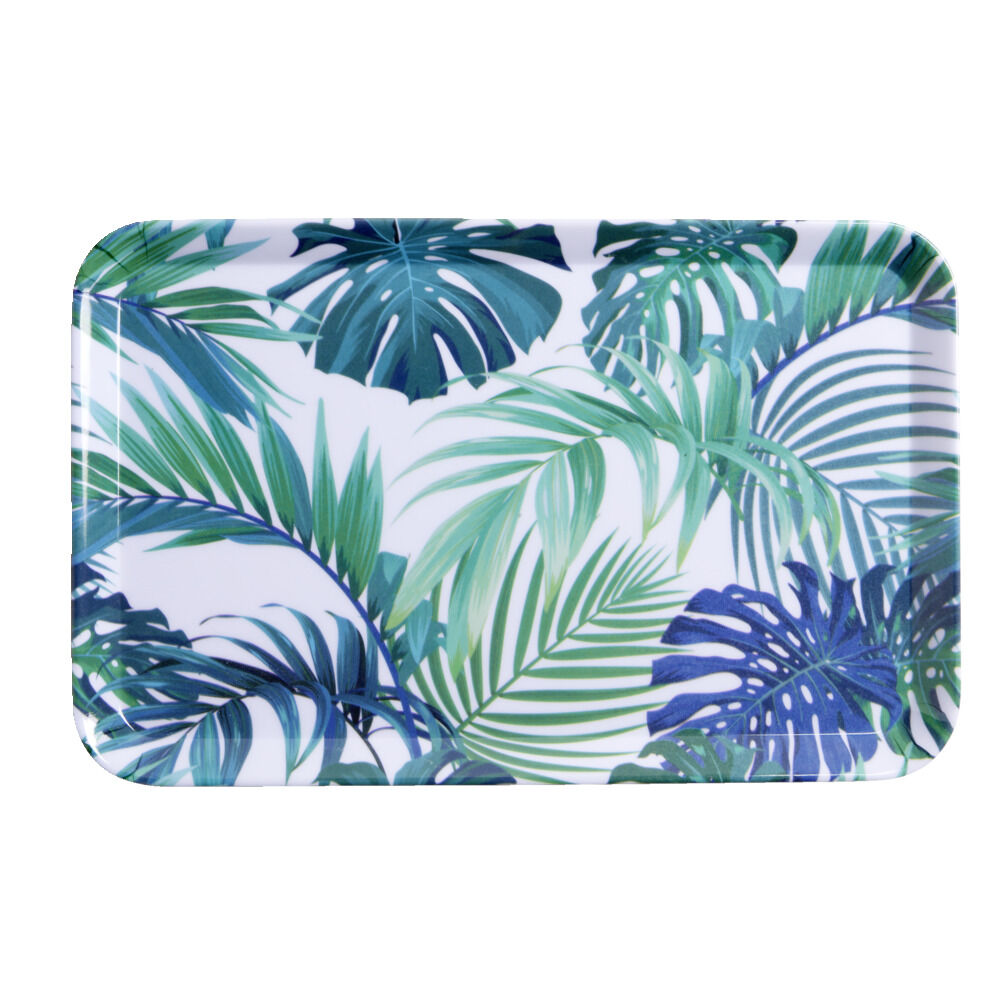 Plateau rectangulaire mélaminé feuillage exotique blanc et bleu 19x30cm