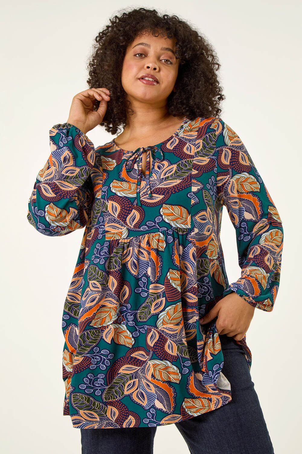 Roman Curve Floral Gathered Tie Front Top