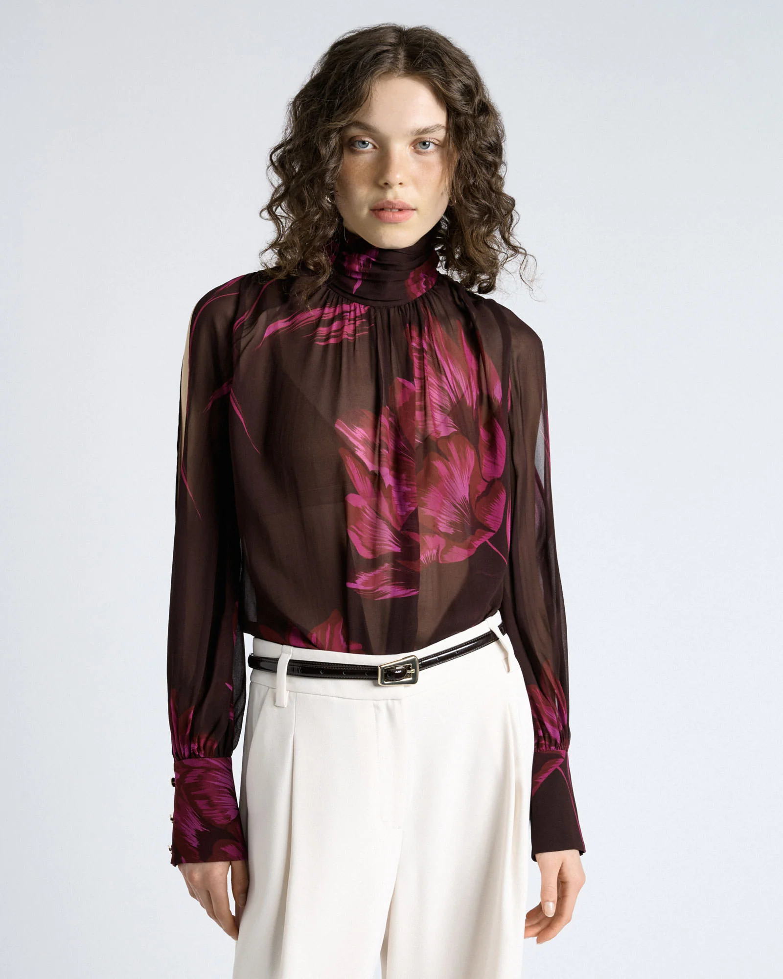 Chocolate Oversized Floral Georgette Cold Shoulder Top
