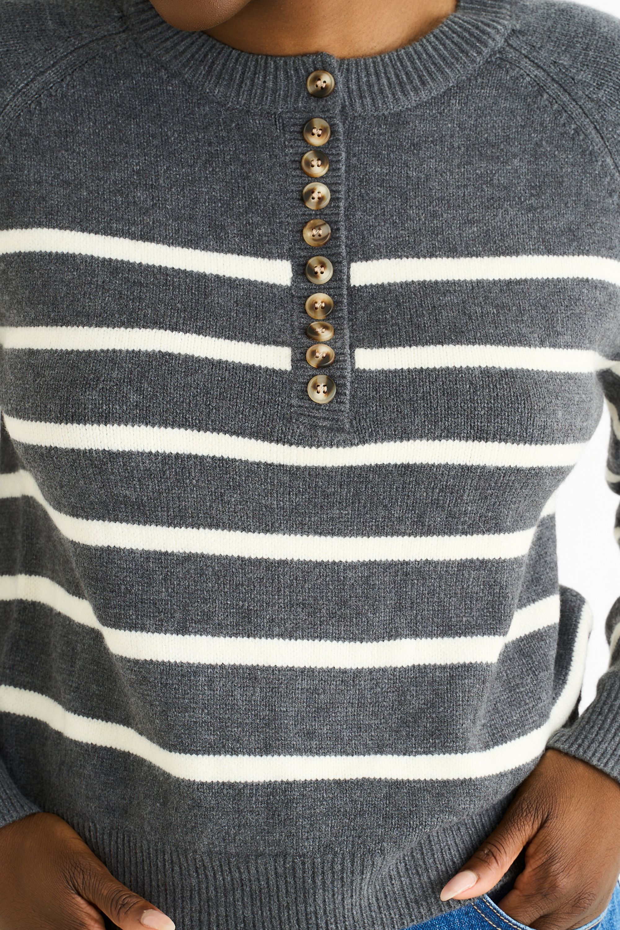 Gini London Grey Stripe Button Up Loose Fit Knit Jumper