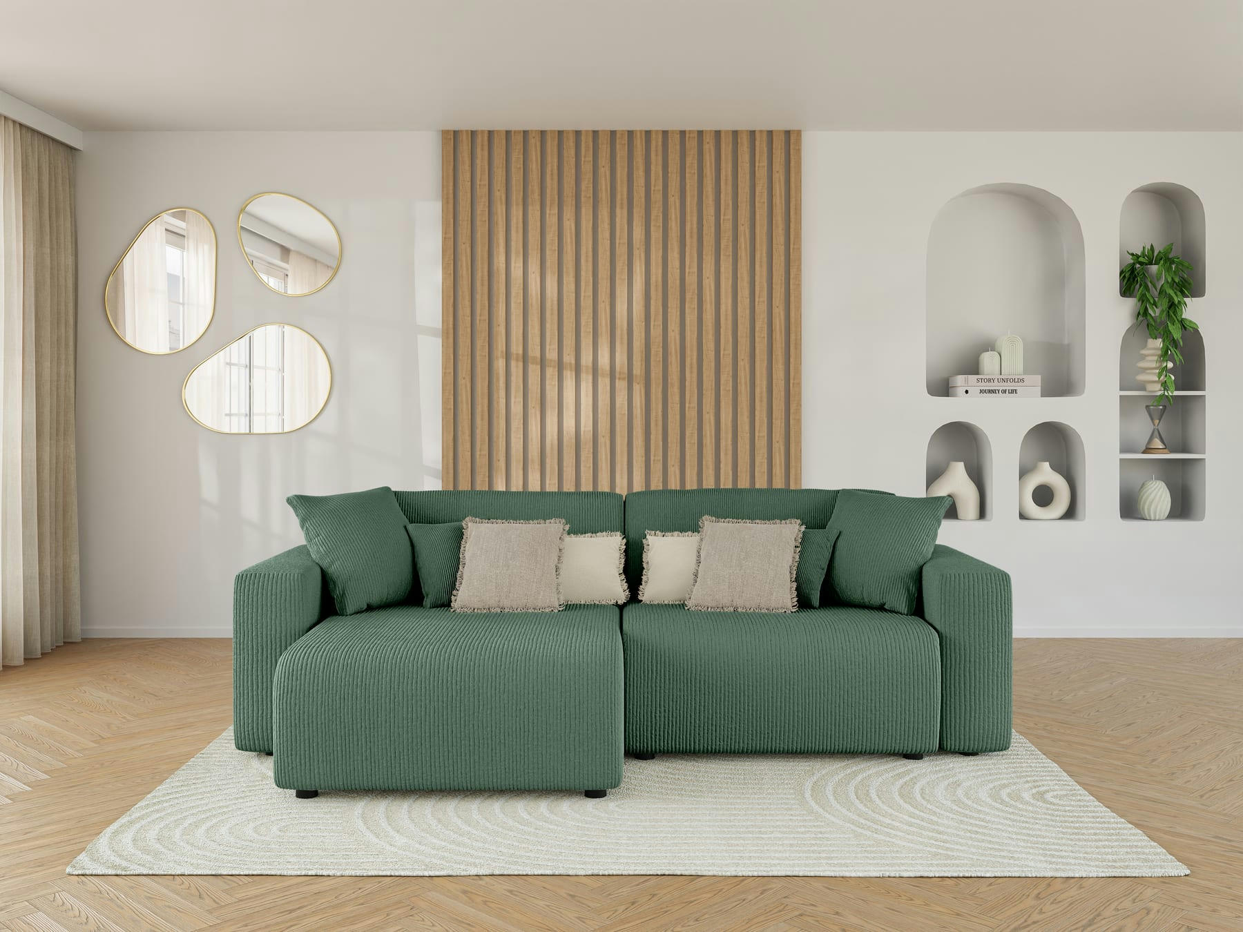 LEO - Canapé d'angle convertible en velours côtelé 4 places terracotta