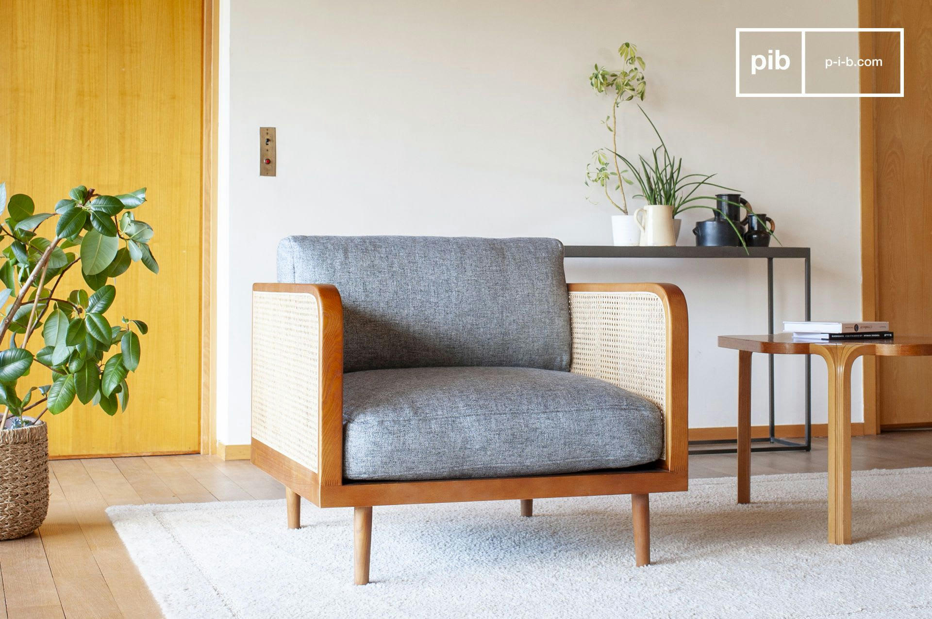 STARHEIM - Fauteuil en cannage marron et tissu gris