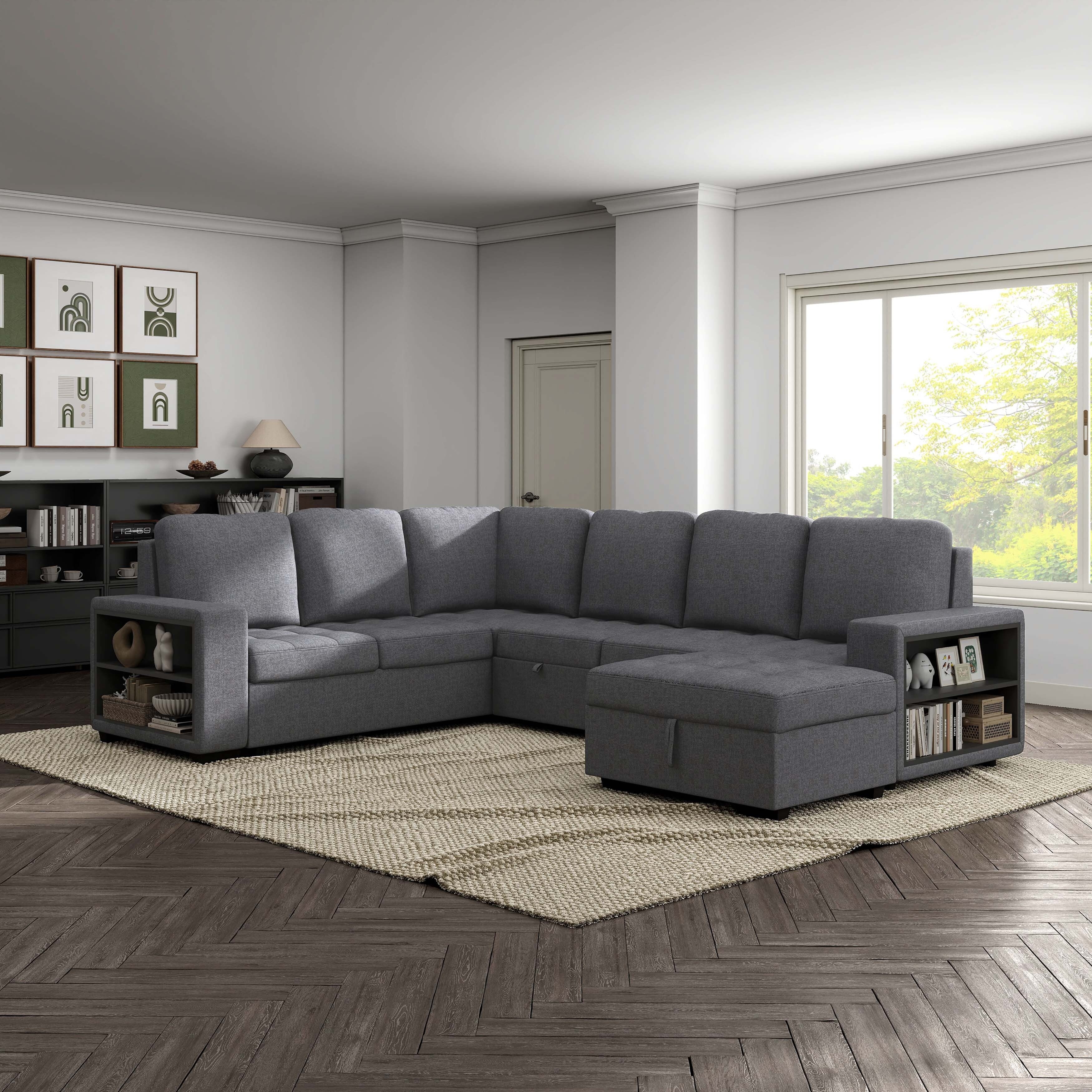 Furniture of America Jaquel Modern Biscuit Tufted Seat Sleeper Sofa Sectional with Storage Shelves and USB Ports