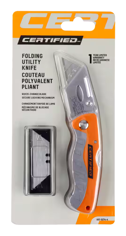 Certified Folding Blade Utility Knife, Orange, 5 Blades