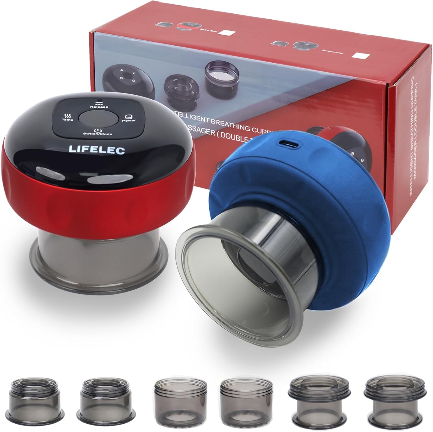 LIFELEC Smart Cupping Therapy Set - 6 Cups (Large/Press/Move), 12-Level Heat & Suction, Smart Red Light Therapy - Dual Massagers for Simultaneous Use - 2 Pack Set for Athletes, Fitness, Pain Relief