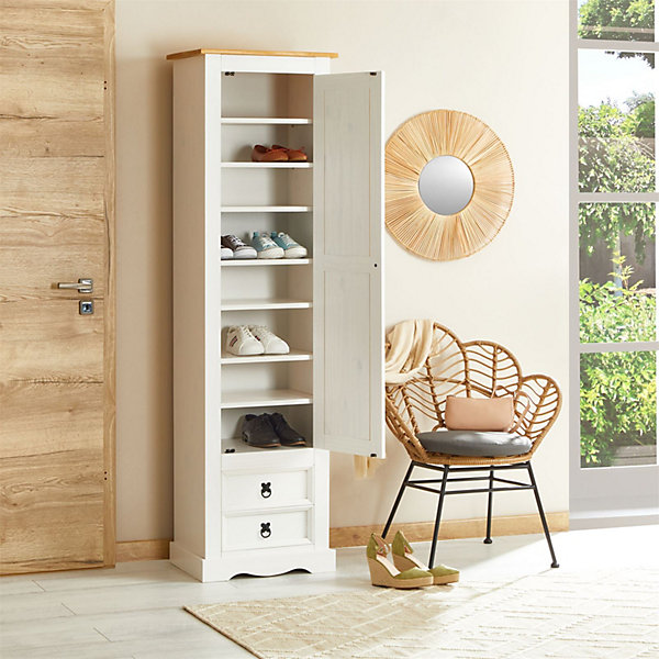 Armoire TEQUILA avec 1 porte et 2 tiroirs, en pin massif lasuré blanc et brun