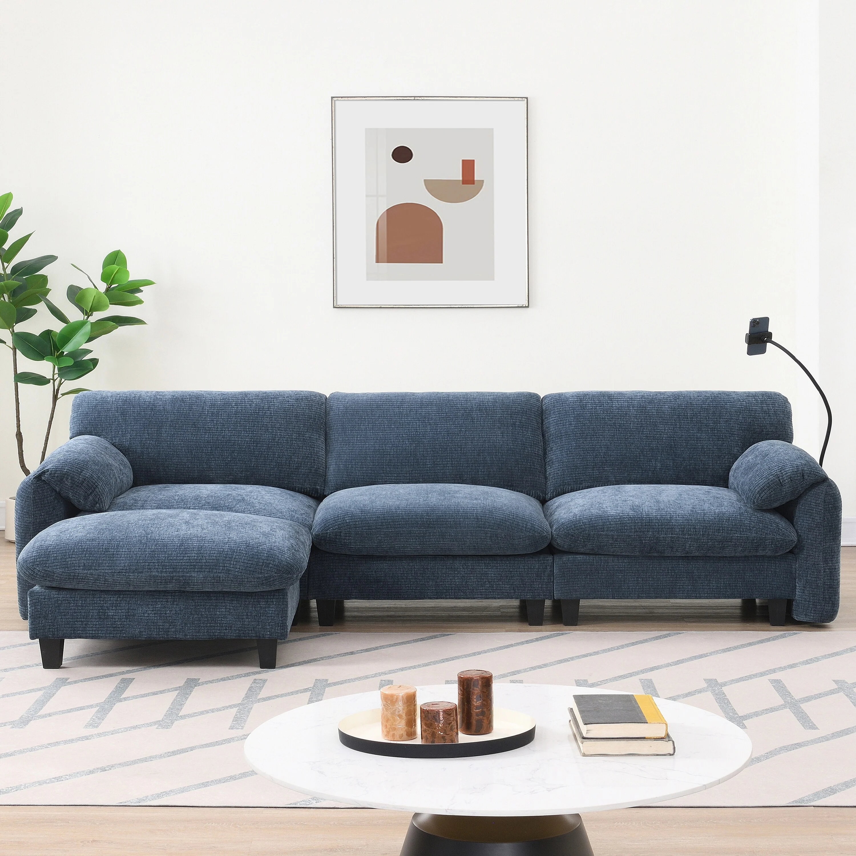 Versatile Modular Sectional Sofa with Free-Movement Ottoman, USB & Type-C Charging, Phone Holder