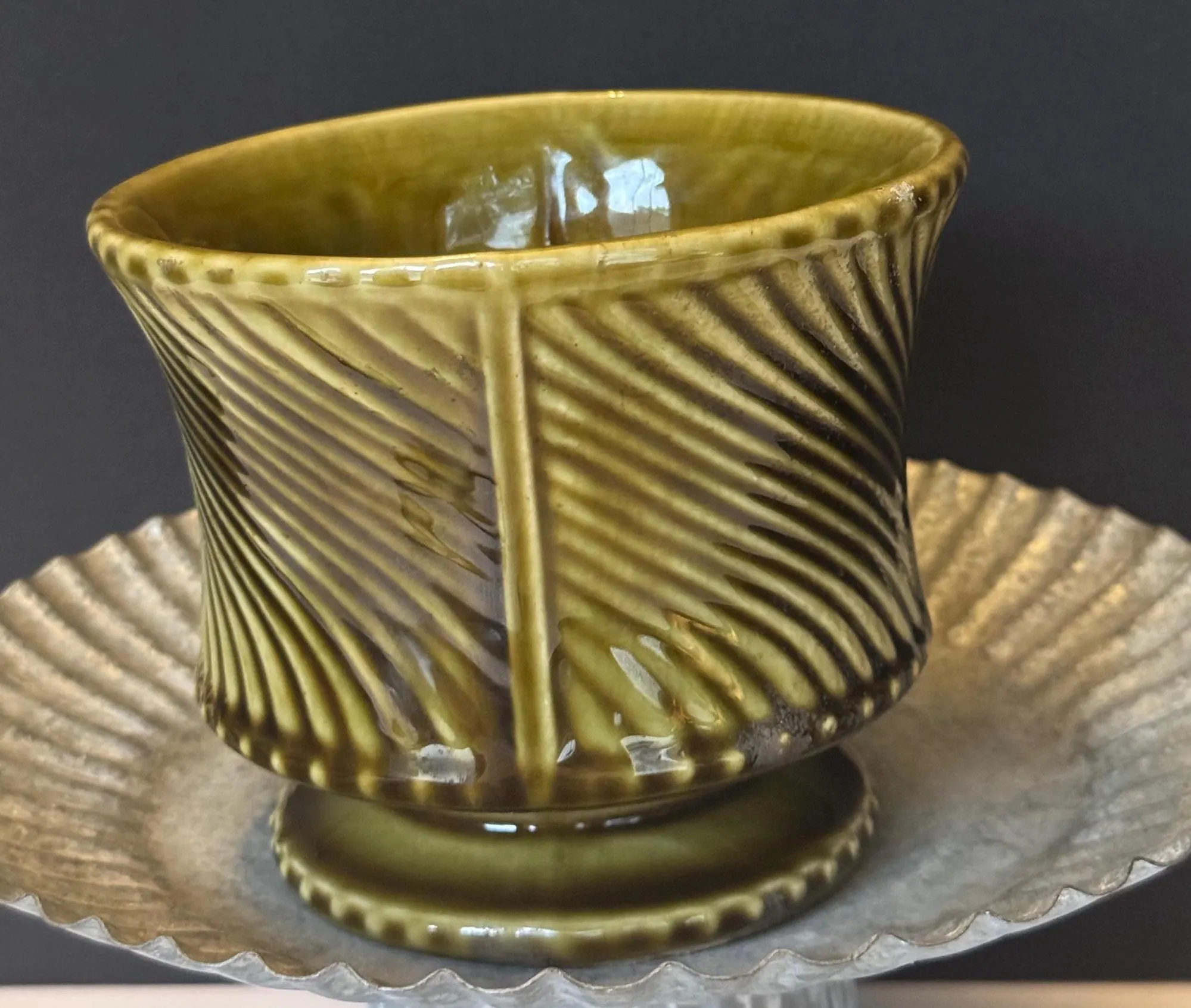 Vintage McCoy Floraline Green Pedestal Planter 410 2033 | Mid Century Modern Avocado Ribbed Ceramic Swirl Vase | MCM Art Pottery Footed Bowl